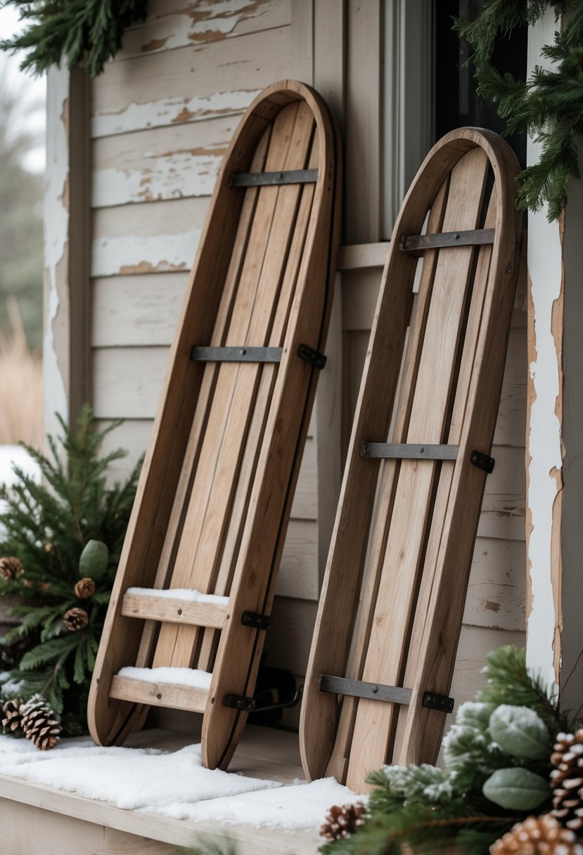 Rustic wooden sleds leaning against a wooden wall on a winter front porch decorated with greenery.